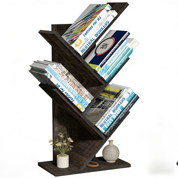Buildhom 4-Tier Tree Bookshelf with Shelves, Freestanding Bookcase for Living Room, Bedroom, Home Office, Dull Gray