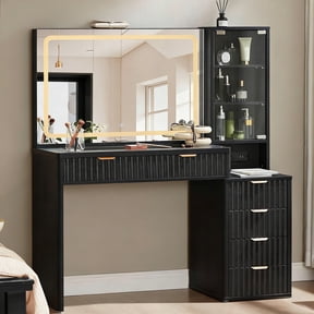 Buildhom Fluted Makeup Vanity with Mirror & Lights, 43.5" 6-Drawer Dressing Table with Power Outlet & Adjustable Shelves for Bedroom, Black