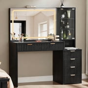 Buildhom Fluted Makeup Vanity with Mirror & Lights, 43.5" 6-Drawer Dressing Table with Power Outlet & Adjustable Shelves for Bedroom, Black