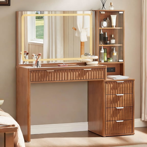 Buildhom Fluted Makeup Vanity with Mirror & Lights, 43.5" 6-Drawer Dressing Table with Power Outlet & Adjustable Shelves for Bedroom, Brown Brown