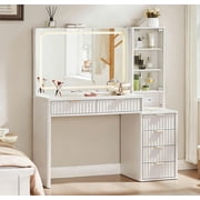Buildhom Fluted Makeup Vanity with Mirror & Lights, 43.5" 6-Drawer Dressing Table with Power Outlet & Adjustable Shelves for Bedroom, White