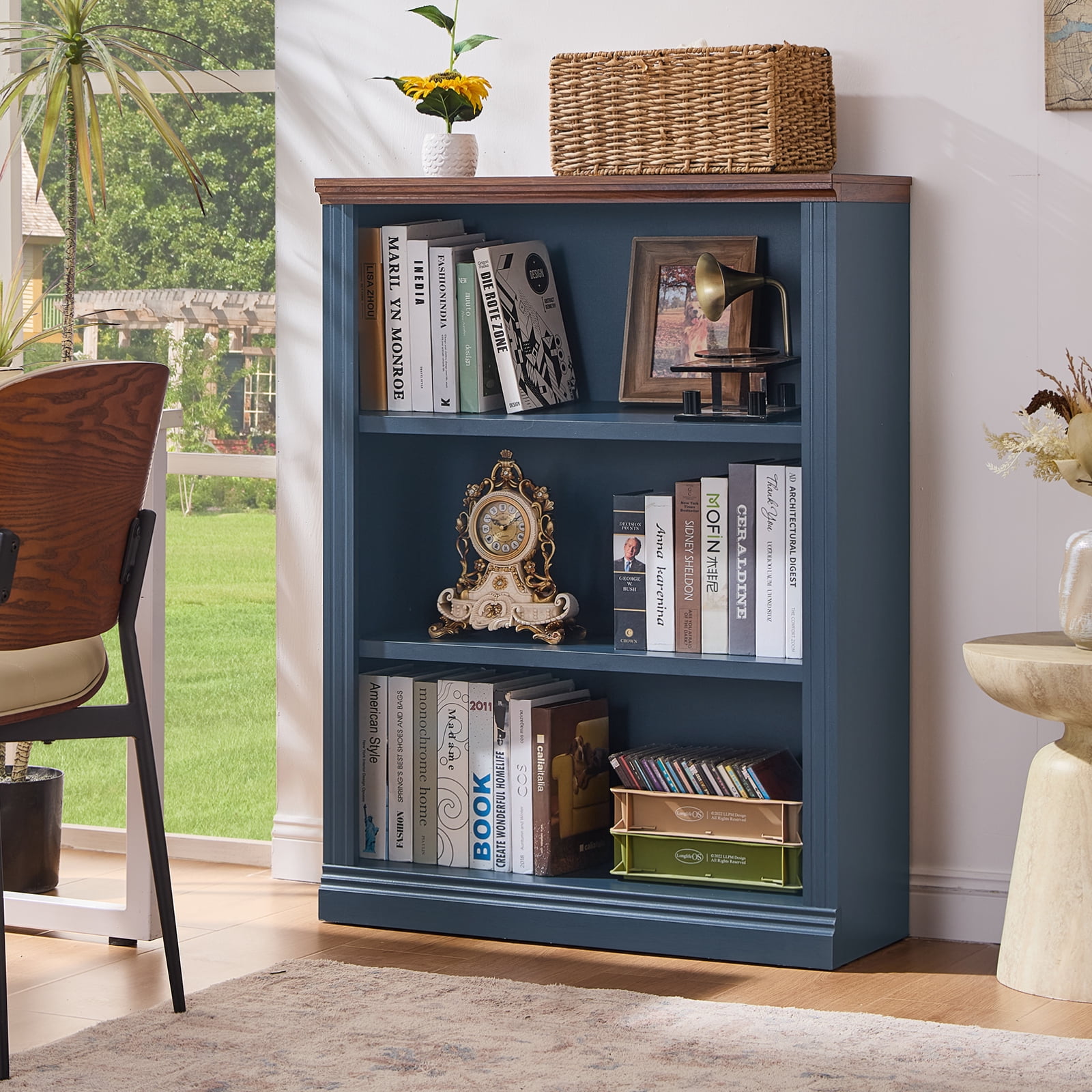 Buildhom 43" Tall Farmhouse Bookshelf, 3-Tier Solid Wood Bookcase with Adjustable Shelves for Living Room & Office, Blue