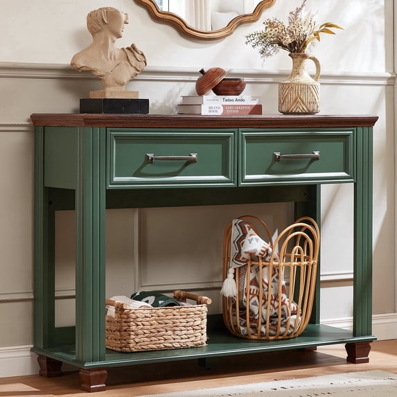 Buildhom 46" Farmhouse Console Table with 2 Drawers, Rustic Wood Sofa Table Behind Couch, Entryway Table with Open Shelf for Living Room, Green