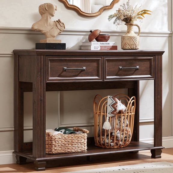 Buildhom 46" Farmhouse Console Table with 2 Drawers & Open Shelf, Rustic Wood Entryway Table for Living Room, Walnut