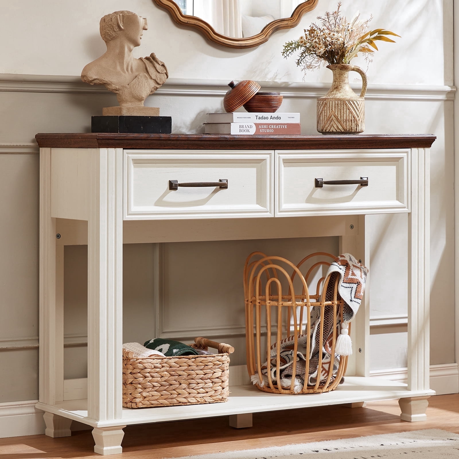 Buildhom 46" Farmhouse Console Table with 2 Drawers & Open Shelf, Rustic Wood Entryway Table for Living Room, White