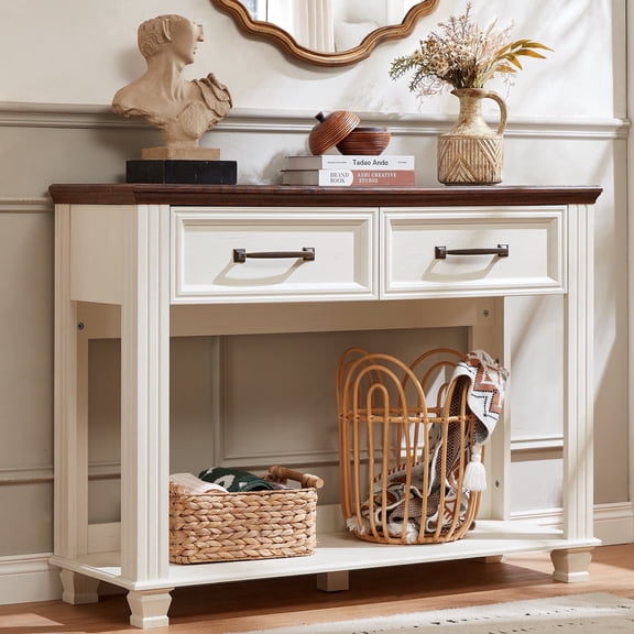 Buildhom 46" Farmhouse Console Table with 2 Drawers & Open Shelf, Rustic Wood Entryway Table for Living Room, White
