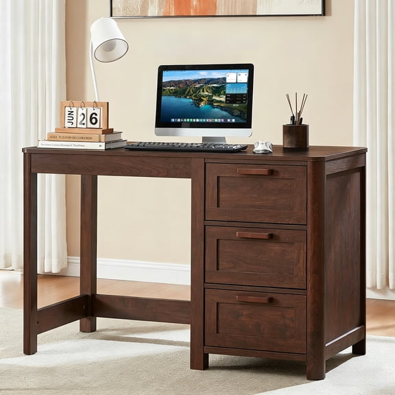 Buildhom 48" Farmhouse Computer Desk with 3 Drawers, Wood Office Desk for Home Office Bedroom, Walnut