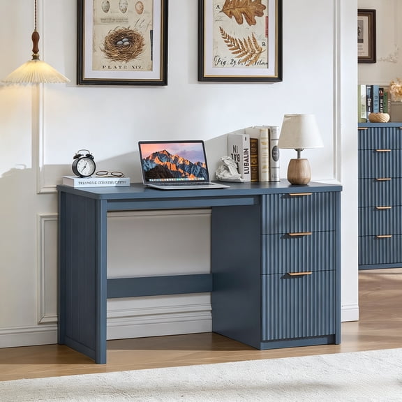 Buildhom 48" Fluted Office Computer Desk with 3 Drawers & Storage, Wood Writing Table for Home Office, Bedroom, Blue