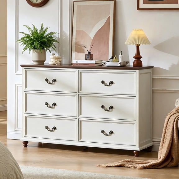 Buildhom 54" Farmhouse 6-Drawer Dresser, Rustic Wood Chest with 4 Legs for Adult Bedroom, White
