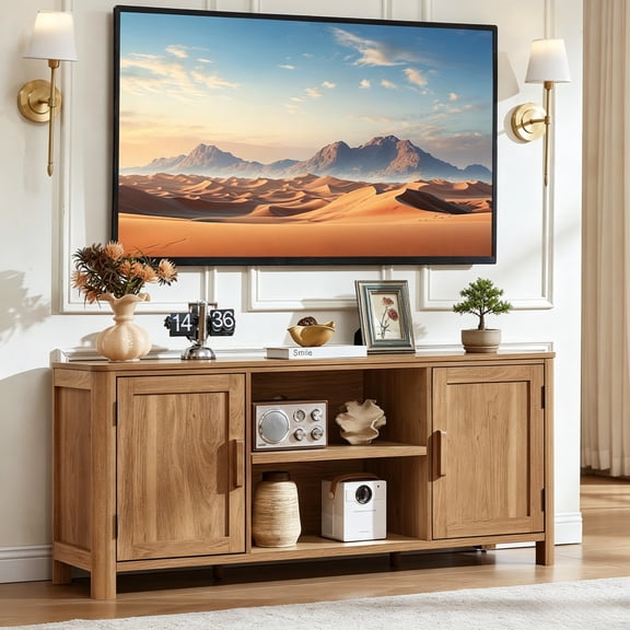 Buildhom 55" Farmhouse TV Stand with 2 Doors & Adjustable Shelves, for TVs up to 65", Living Room, Dark Wood