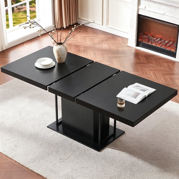 Buildhom 63-79" Extendable Dining Table with Fluted Pedestal Base, Expandable Wood Table for 4-8 People, Black