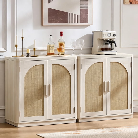 Buildhom 63" Rattan Sideboard Buffet Set of 2 with Arch Doors & Adjustable Shelves, Boho Coffee Bar Cabinet for Living Room, Kitchen, Grey