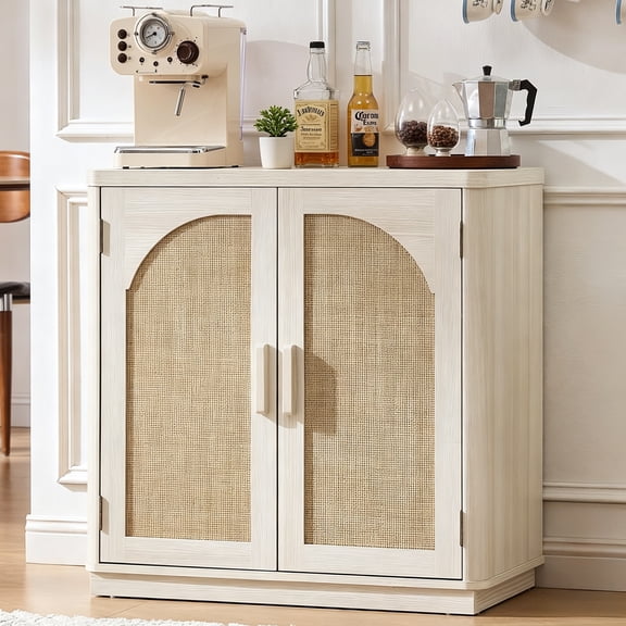 Buildhom 63" Rattan Sideboard Buffet with Arch Doors & Adjustable Shelves, Boho Coffee Bar Cabinet for Living Room, Kitchen, Grey