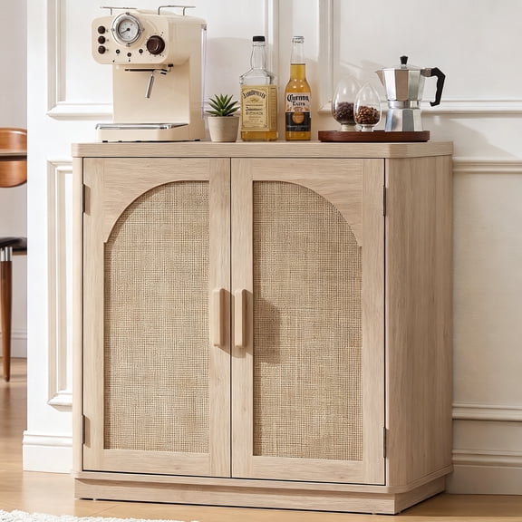 Buildhom 31.5" Rattan Sideboard with Arch Doors & 2 Adjustable Shelves, Boho Coffee Bar Cabinet for Living Room, Kitchen, Natural