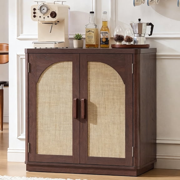 Buildhom 63" Rattan Sideboard Buffet with Arch Doors & Adjustable Shelves, Boho Coffee Bar Cabinet for Living Room, Kitchen, Walnut