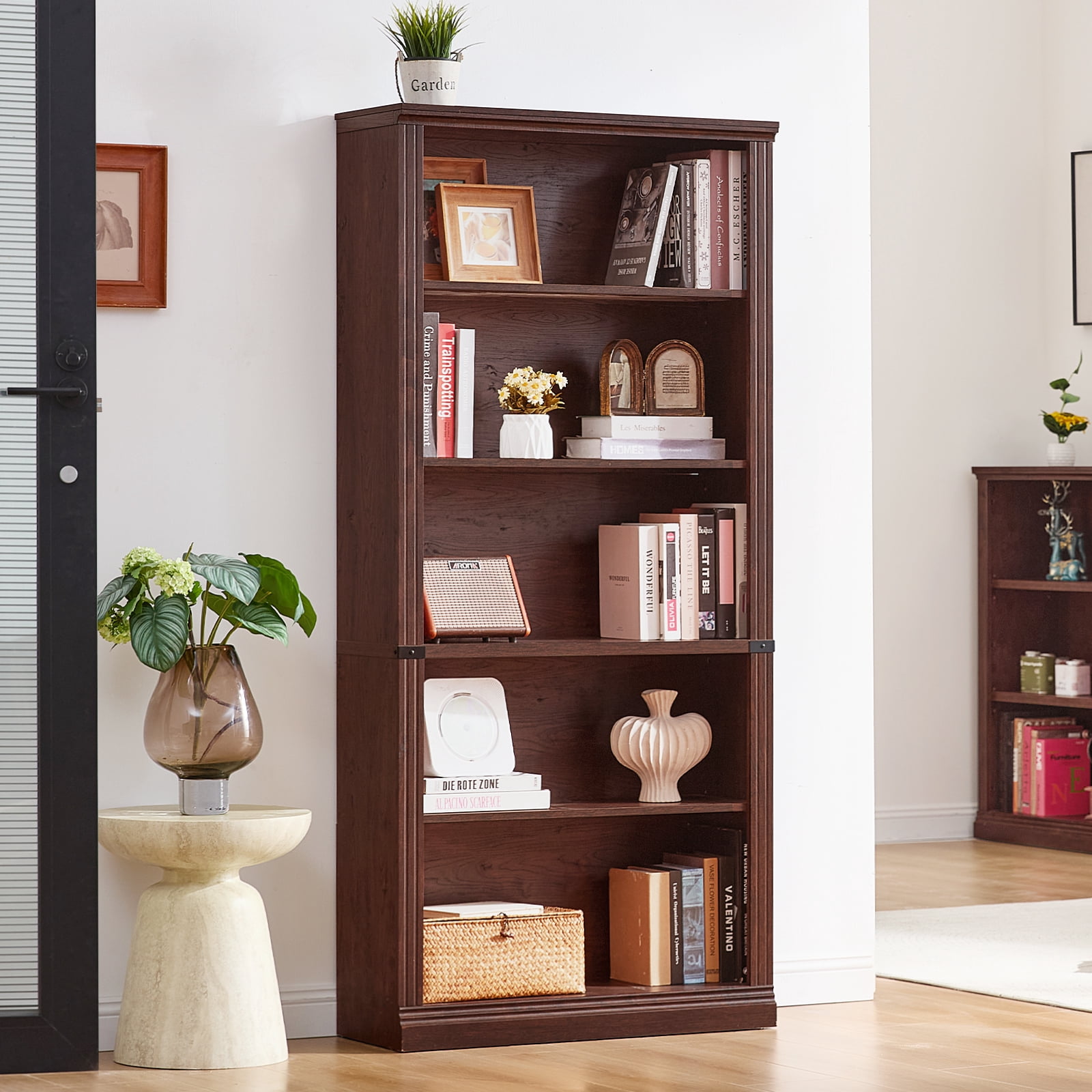 Buildhom 70" Tall Farmhouse Bookshelf, 5-Tier Solid Wood Bookcase with Adjustable Shelves for Living Room & Office, Walnut