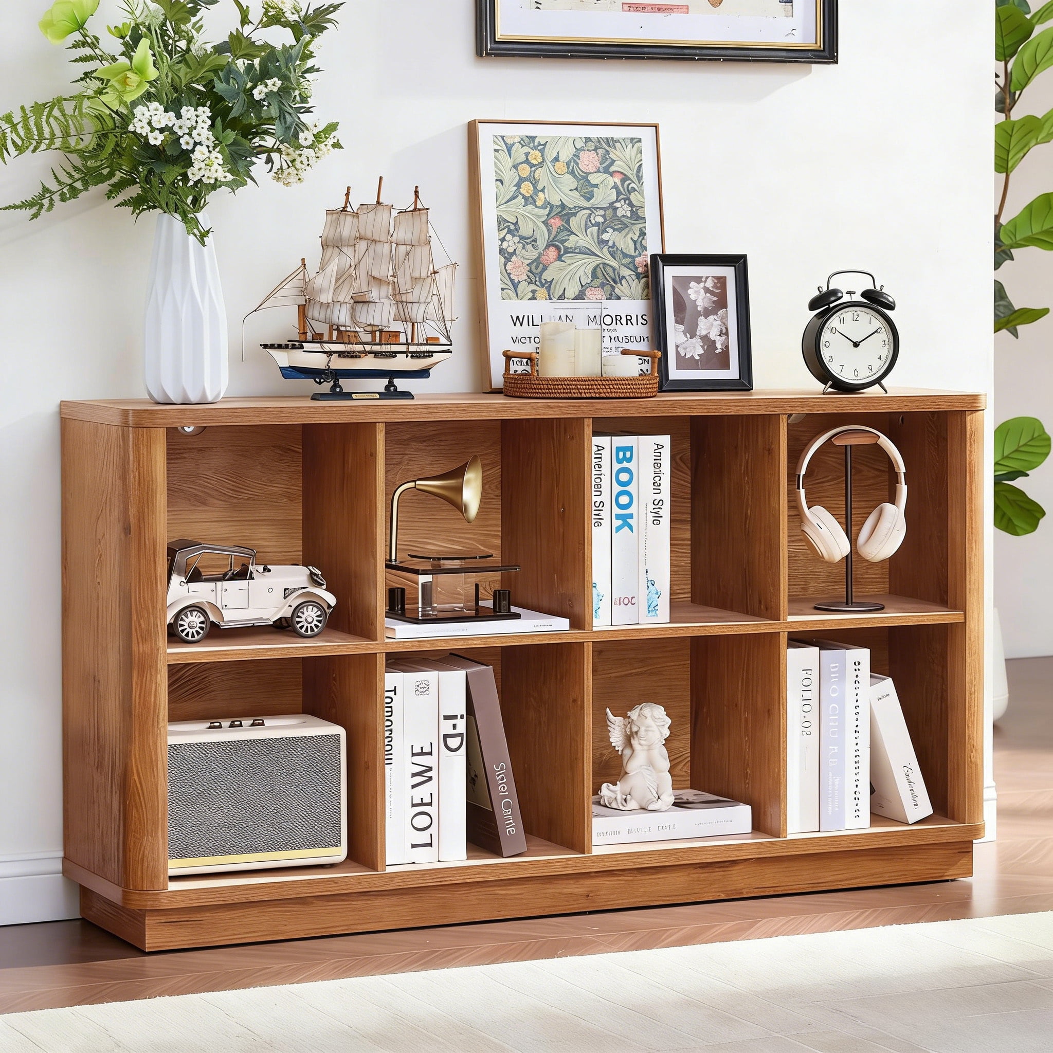 Buildhom 8-Cube 2-Tier Storage Bookcase, 52" Long Horizontal Bookshelf with Curved Edge for Living Room, Tea Color