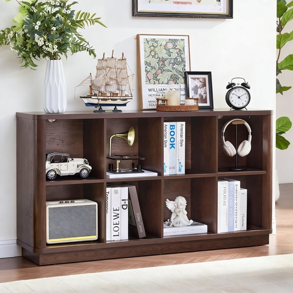 Buildhom 8-Cube 2-Tier Storage Bookcase, 52" Long Horizontal Bookshelf with Curved Edge for Living Room, Walnut