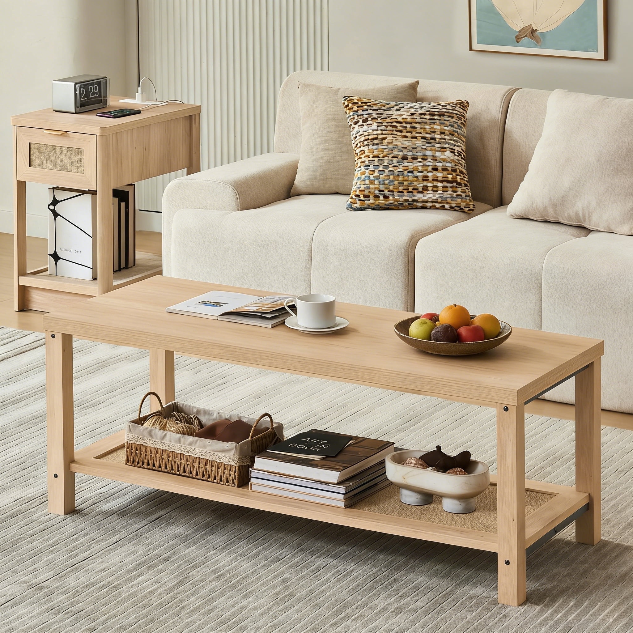 Buildhom Boho Rattan Coffee Table with Woven Open Shelf, Natural Wood Center Table for Living Room, Natural