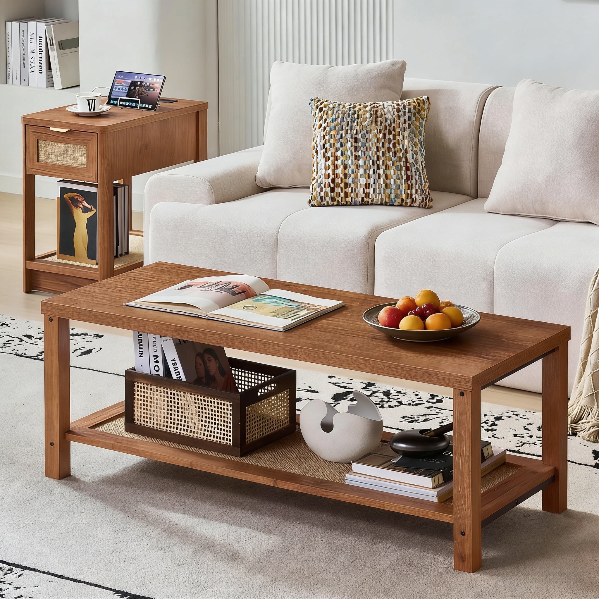 Buildhom Boho Rattan Coffee Table with Woven Open Shelf, Natural Wood Center Table for Living Room, Tea Color