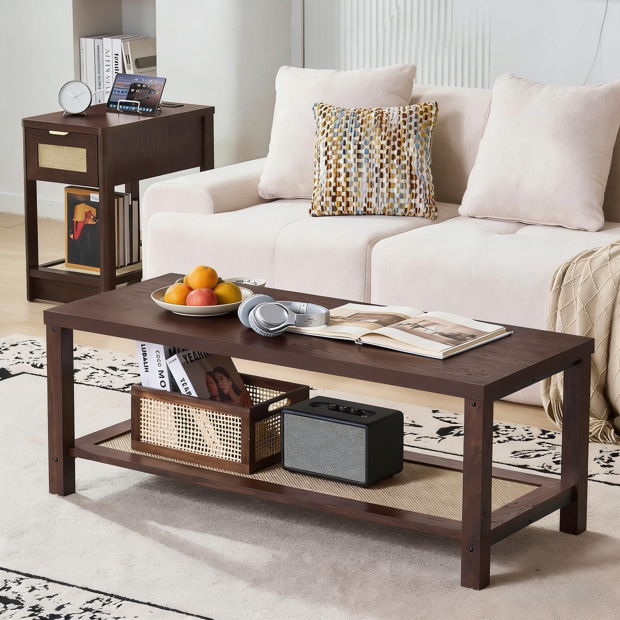 Buildhom Boho Rattan Coffee Table with Woven Open Shelf, Natural Wood Center Table for Living Room, Walnut
