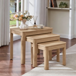 Buildhom Farmhouse 3pc Nesting Tables Set, Rustic Wood Stacking End Tables with Storage Shelves for Living Room, Natural