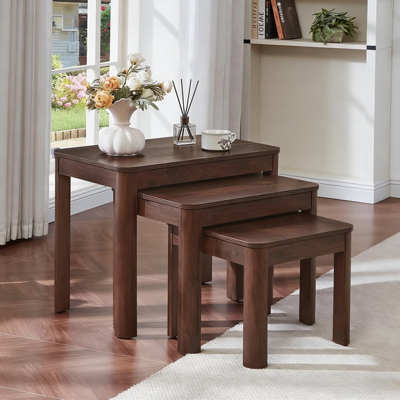 Buildhom Farmhouse 3pc Nesting Tables Set, Rustic Wood Stacking End Tables with Storage Shelves for Living Room, Walnut