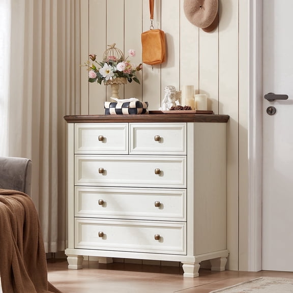 Buildhom Farmhouse 5-Drawer Dresser, 32.6" Tall Modern Chest with Solid Wood Legs for Adult Bedroom, White