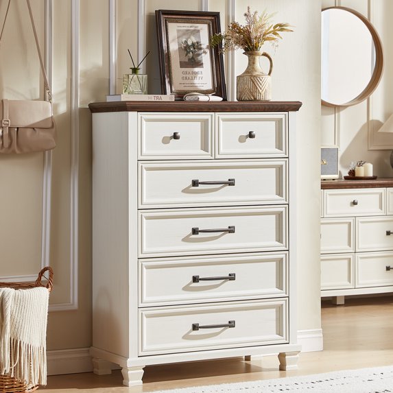 Buildhom Farmhouse 6-Drawer Dresser, 45" Tall Vintage Wood Chest with Square Legs for Bedroom, White