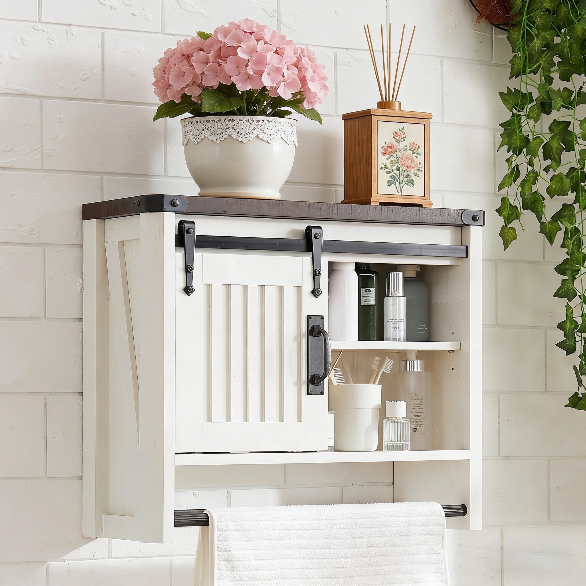 Buildhom Farmhouse Bathroom Medicine Cabinet with Sliding Barn Door & Adjustable Shelves, Multi-Purpose Wall Mounted, Antique White