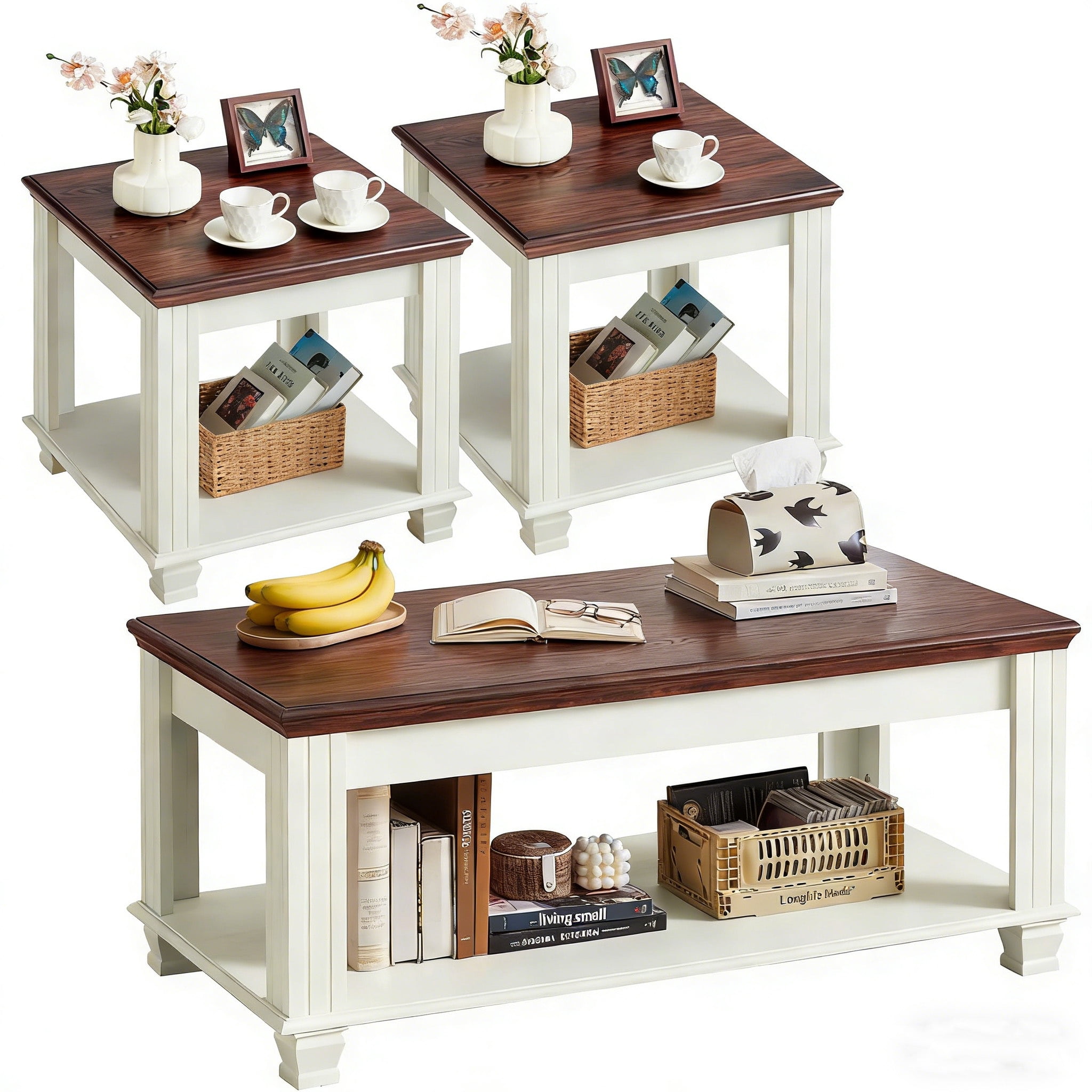 Buildhom Farmhouse Coffee Table Set of 3, Rustic Wood End Tables with ...