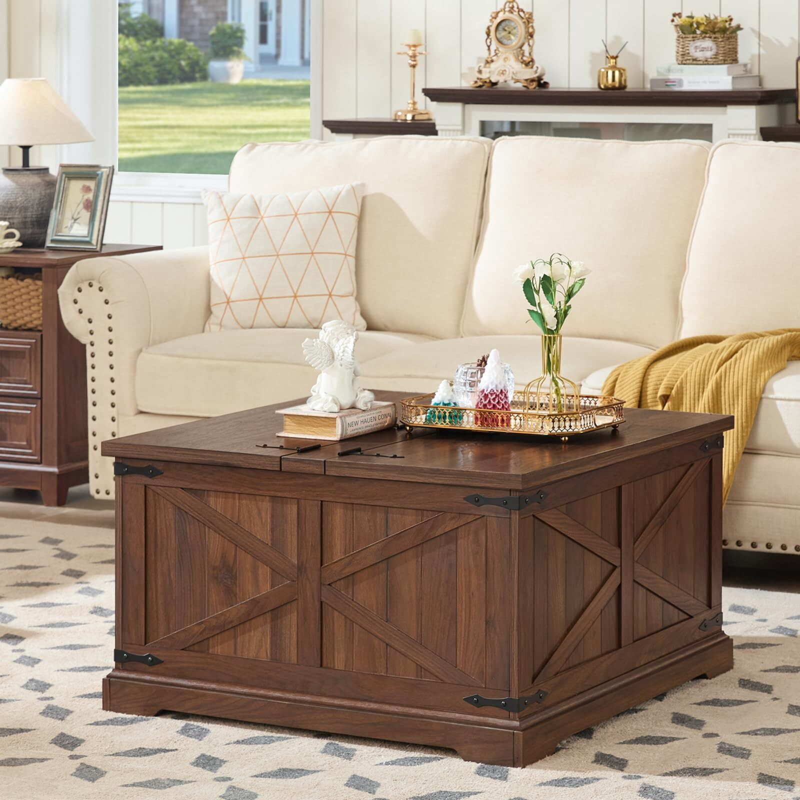 Center Table Light Buildhom Farmhouse Coffee Table with Hidden Storage, Lift-Top Square ...