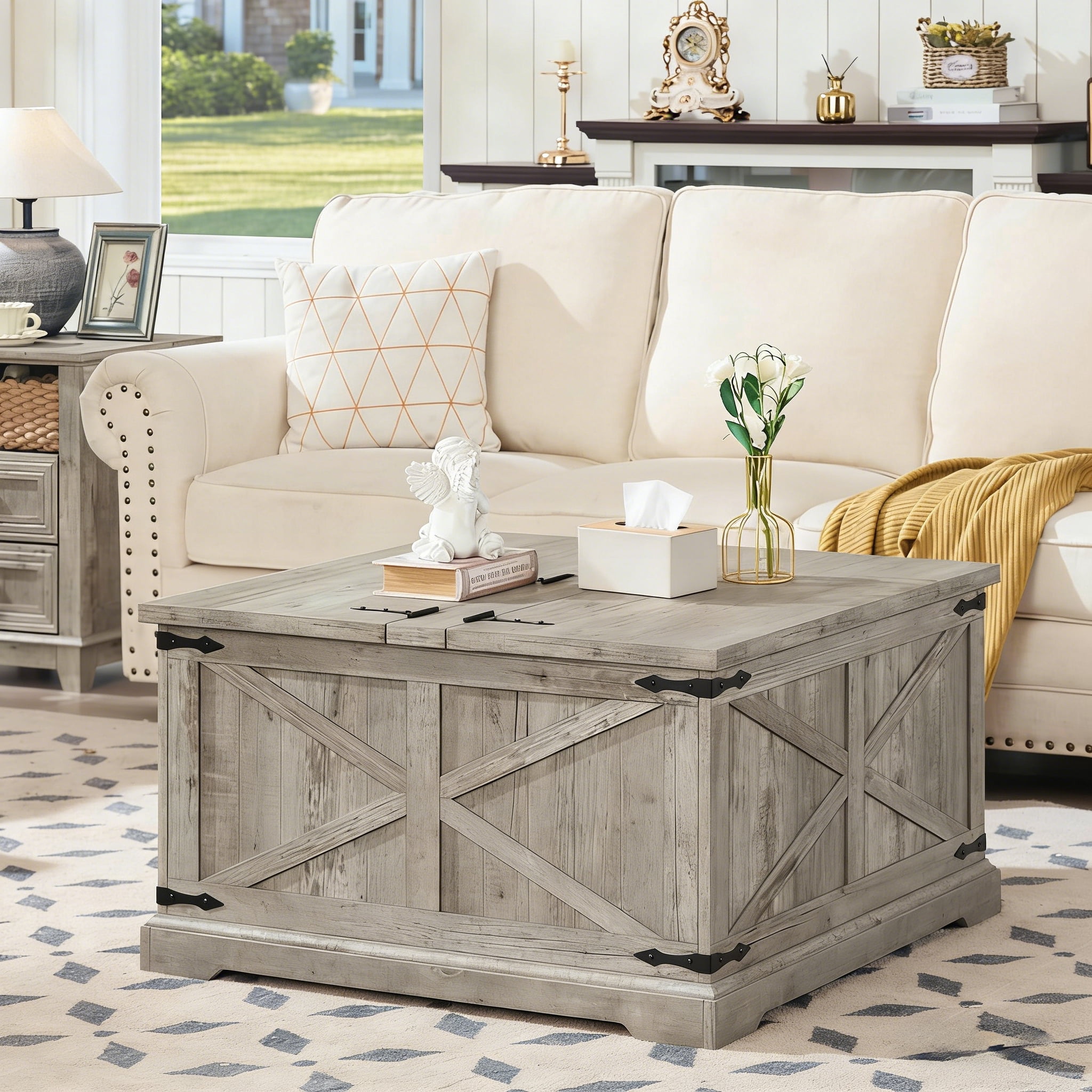 Center Table Light Buildhom Farmhouse Coffee Table with Hidden Storage, Lift-Top Square ...