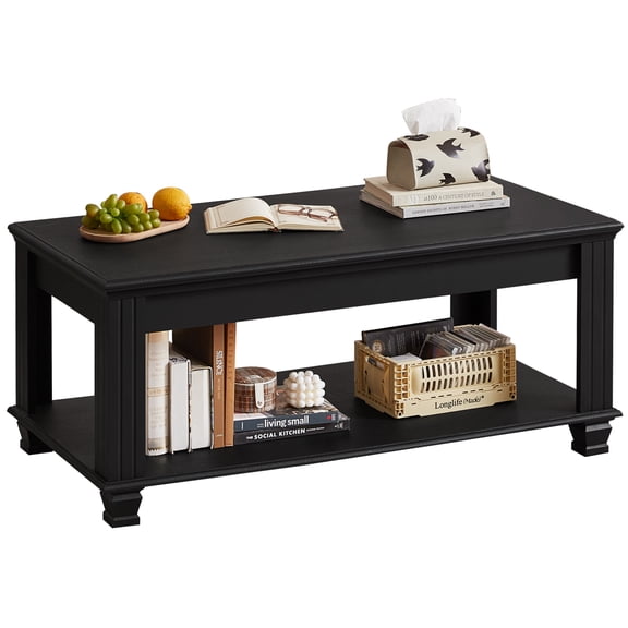 Buildhom Farmhouse Coffee Table with Open Storage Shelf, Square Large Tea Table for Living Room, Rustic Black Wood Center Table
