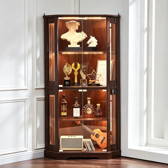Buildhom Farmhouse Corner Display Cabinet with Glass Doors & 3-Color Motion Light, Wine Rack & Collectible Storage, Walnut