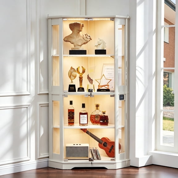Buildhom Farmhouse Corner Display Cabinet with Glass Doors & 3-Color Motion Light, Wine Rack & Collectible Storage, White