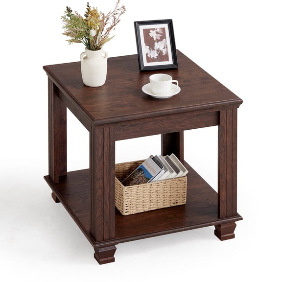 Buildhom Farmhouse End Table, Large 2-Tier Side Table with Storage Shelf, Rustic Brown Square Tea Table for Living Room, Walnut