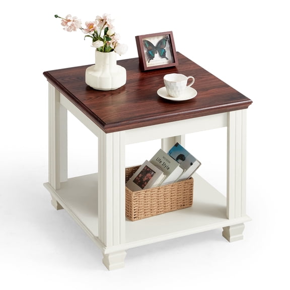 Buildhom Farmhouse End Table, Large 2-Tier Side Table with Storage Shelf, Rustic Brown Square Tea Table for Living Room, White