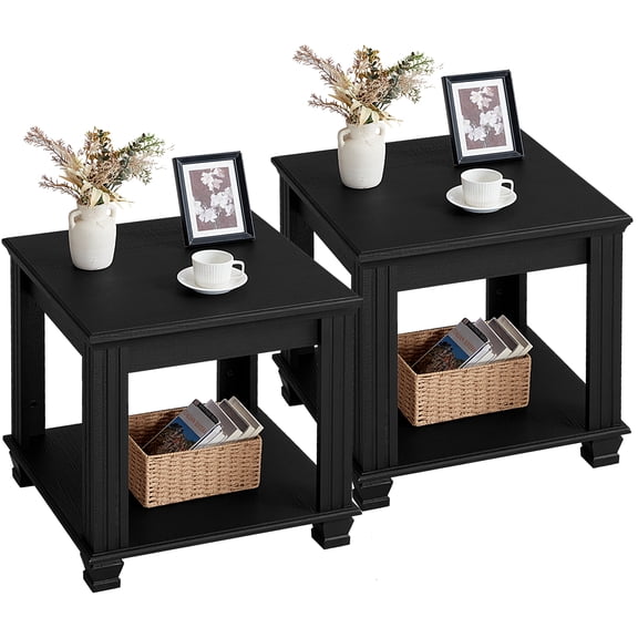 Buildhom Farmhouse End Table Set of 2, Large 2-Tier Side Table with Storage Shelf, Rustic Brown Square Tea Table for Living Room, Black