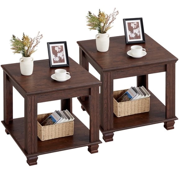 Buildhom Farmhouse End Table Set of 2, Large 2-Tier Side Table with Storage Shelf, Rustic Brown Square Tea Table for Living Room, Walnut