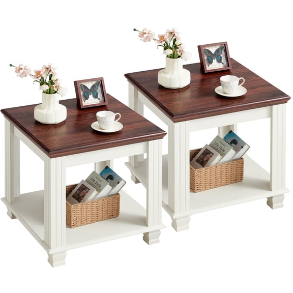 Buildhom Farmhouse End Table Set of 2, Large 2-Tier Side Table with Storage Shelf, Rustic Brown Square Tea Table for Living Room, White