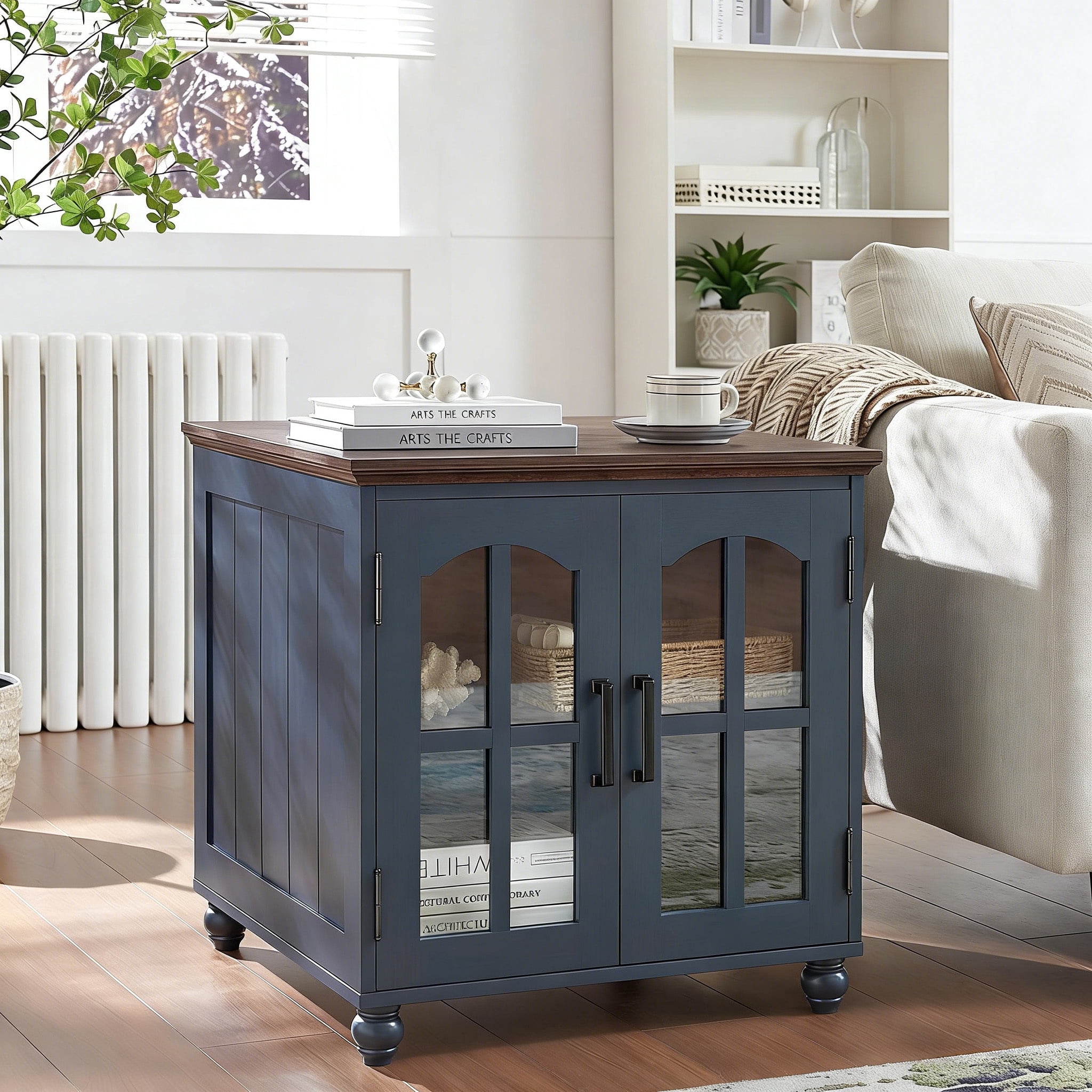 Buildhom Farmhouse End Table with Charging Station, 24" Wide Nightstand with Glass Barn Door and Adjustable Shelf for Living Room, Blue