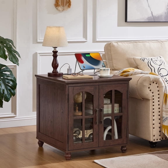 Buildhom Farmhouse End Table with Charging Station, 24" Wide Nightstand with Glass Barn Door & Adjustable Shelf for Living Room, Walnut