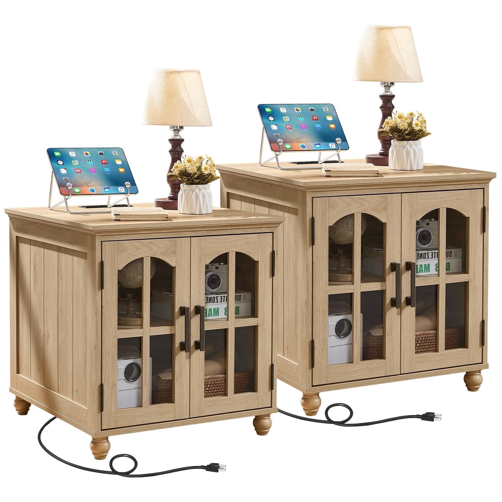 Buildhom Farmhouse End Table with Charging Station, 2pc 24" Wide Nightstand with Glass Barn Door & Adjustable Shelf for Living Room, Natural