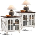 thumbnail image 1 of Buildhom Farmhouse End Table with Charging Station, 2pc 24" Wide Nightstand with Glass Barn Door & Adjustable Shelf for Living Room, White, 1 of 9