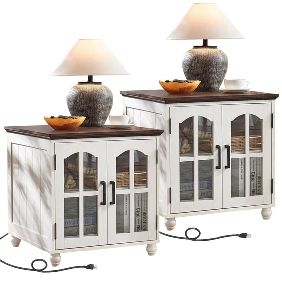 Buildhom Farmhouse End Table with Charging Station, 2pc 24" Wide Nightstand with Glass Barn Door & Adjustable Shelf for Living Room, White