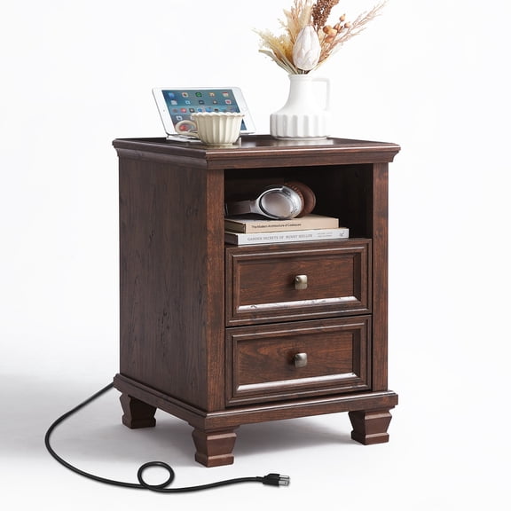 Buildhom Farmhouse Nightstand with Charging Station, 2-Drawer Rustic Brown End Table with Open Shelf for Adult Bedroom, Walnut