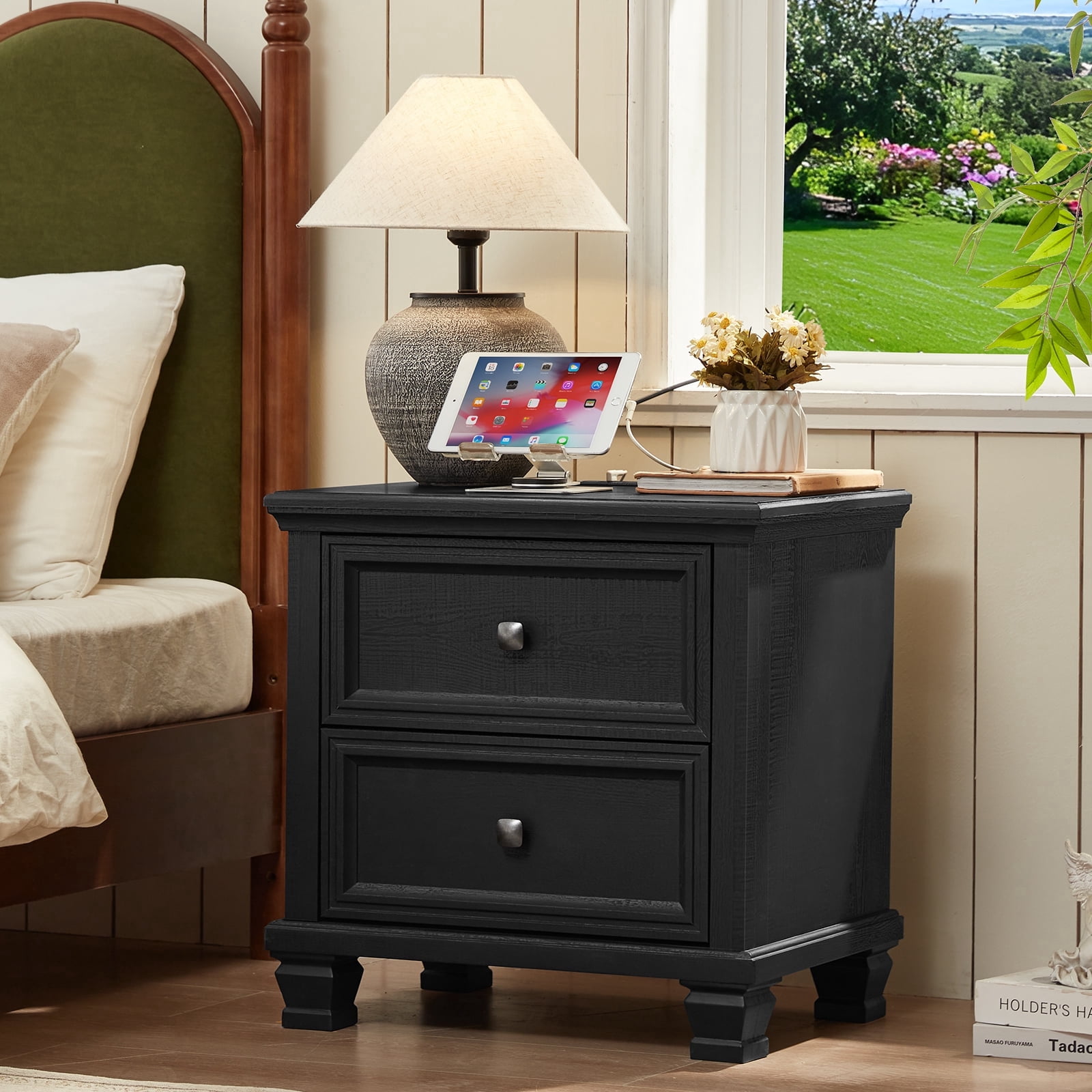 Buildhom Farmhouse Nightstand with Charging Station, 2-Drawer Rustic End Table with Solid Wood Legs for Bedroom, Black