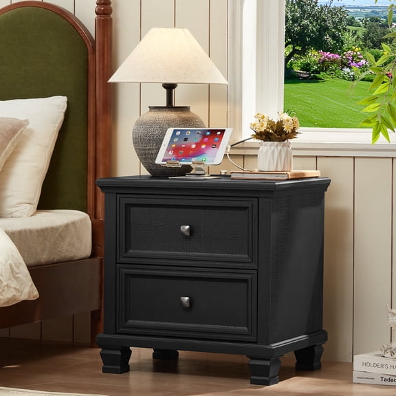 Buildhom Farmhouse Nightstand with Charging Station, 2-Drawer Rustic End Table with Solid Wood Legs for Bedroom, Black