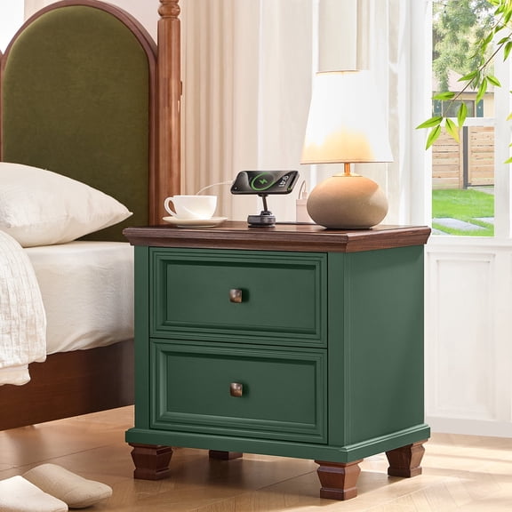 Buildhom Farmhouse Nightstand with Charging Station, 2-Drawer Rustic End Table with Solid Wood Legs for Bedroom, Green
